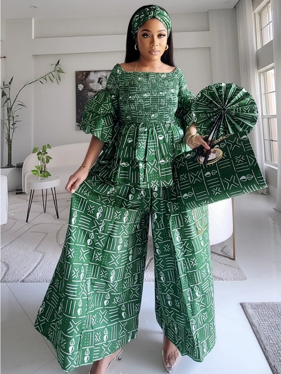 Uylee’s Boutique Pants - 5-Piece African Ankara Pant Set – Green Elegance